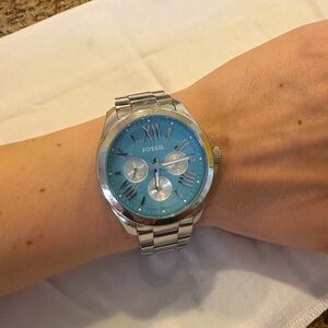 Fossil Watch Silver Tone with Blue Face and Accents, All Stainless Steel